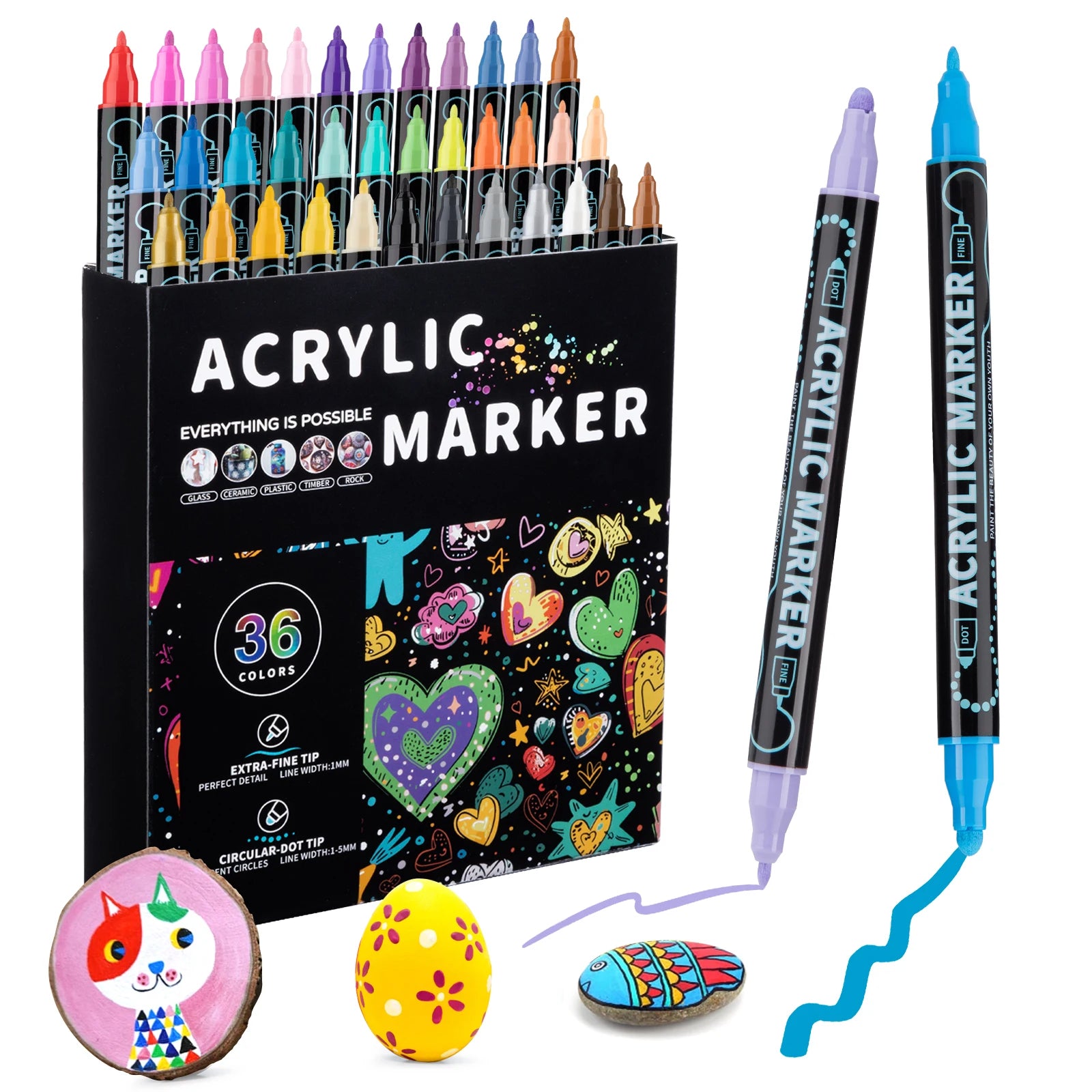 12/24/36/48 Colors Dual Tip Acrylic Paint Pens Markers for Wood Canvas Stone Rock Painting Glass Ceramic Surfaces DIY Crafts
