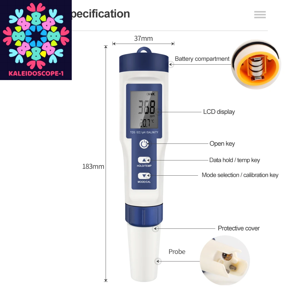 5 in 1 Digital PH TDS EC Meter Pen Salinity Temperature Tester Conductivity Filter Purity with Backlight for Aquarium Water